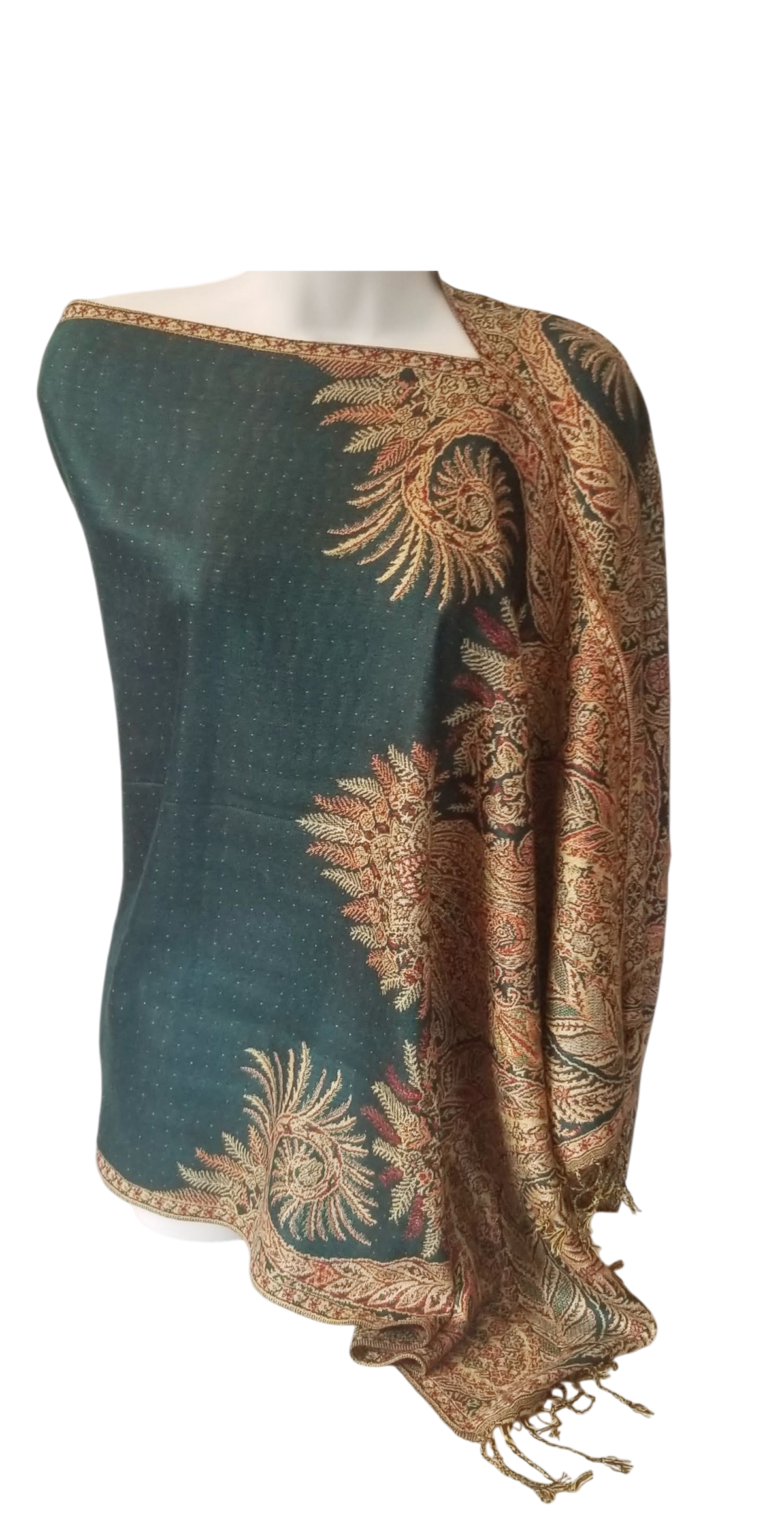 Semi Solid poncho scarf in dark teal with maroon accents, one seam, one size
