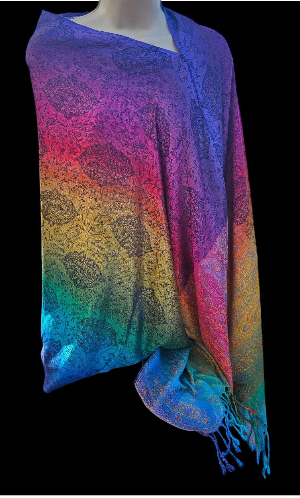 Rainbow Paisley Poncho Scarf, handmade woven one size poncho scarf, view 1