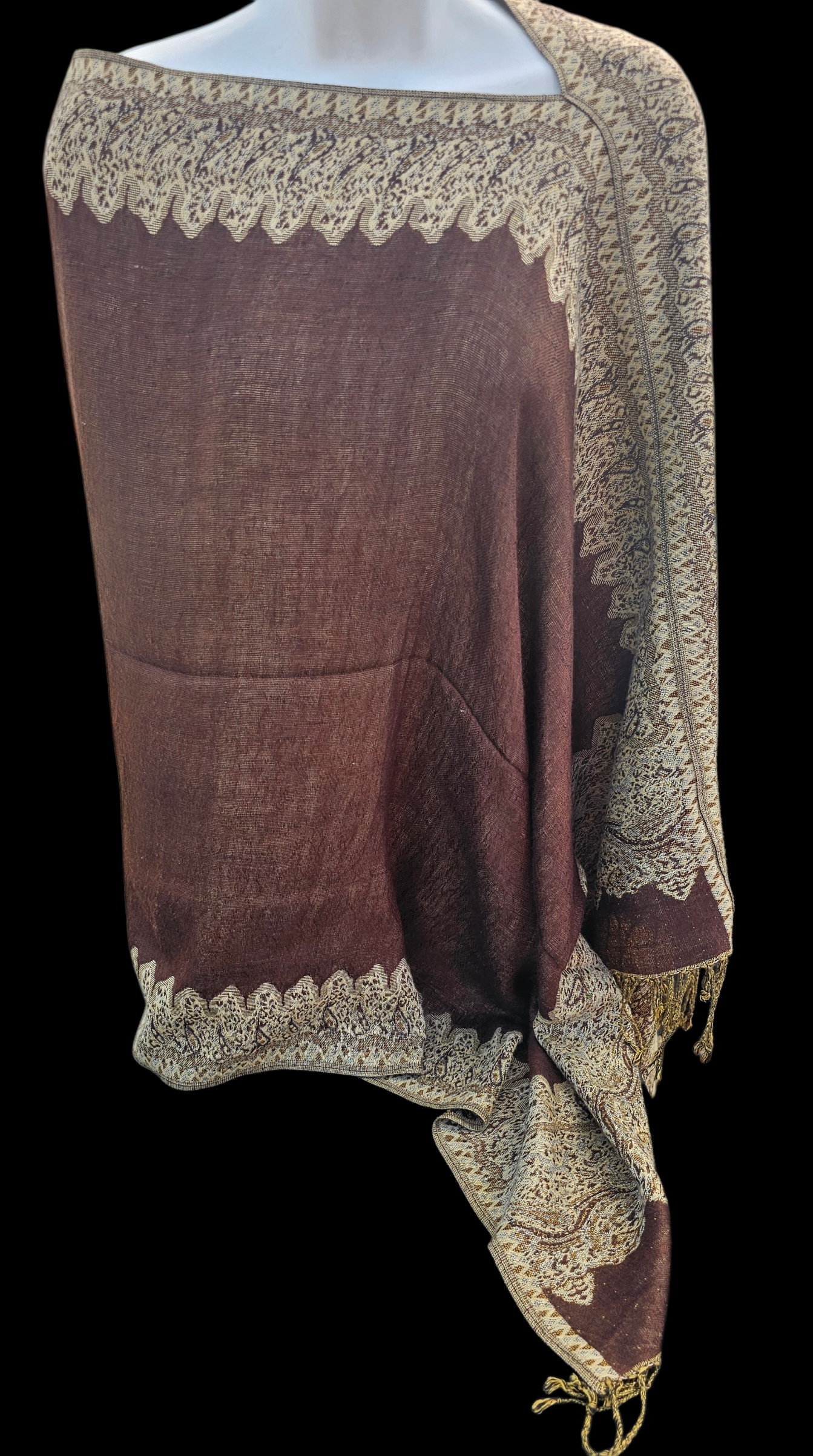Border Pattern Poncho Scarf, handmade woven one size poncho scarf, view 8