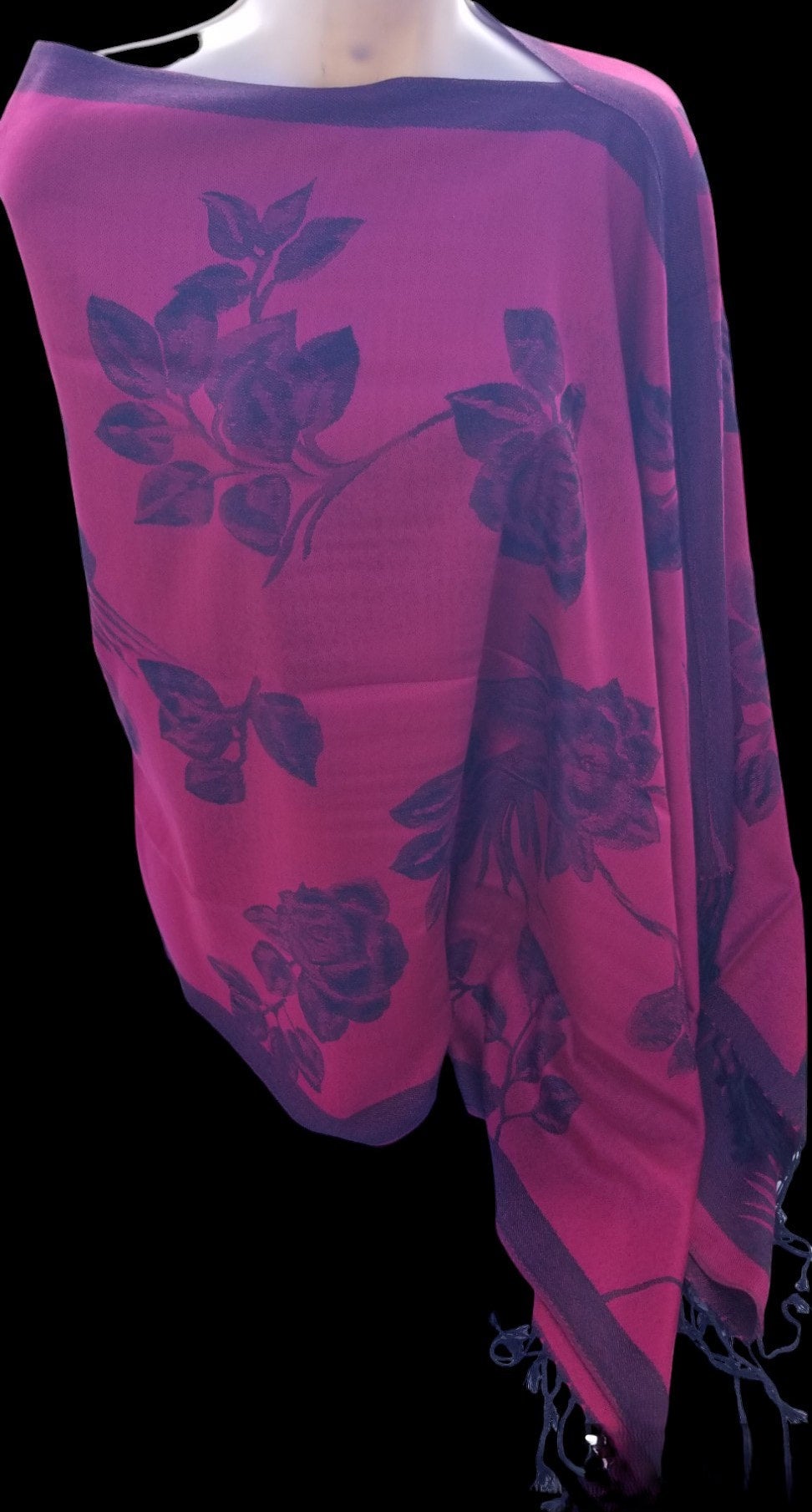Rose Floral Poncho Scarf, handmade woven one size poncho scarf, view 3
