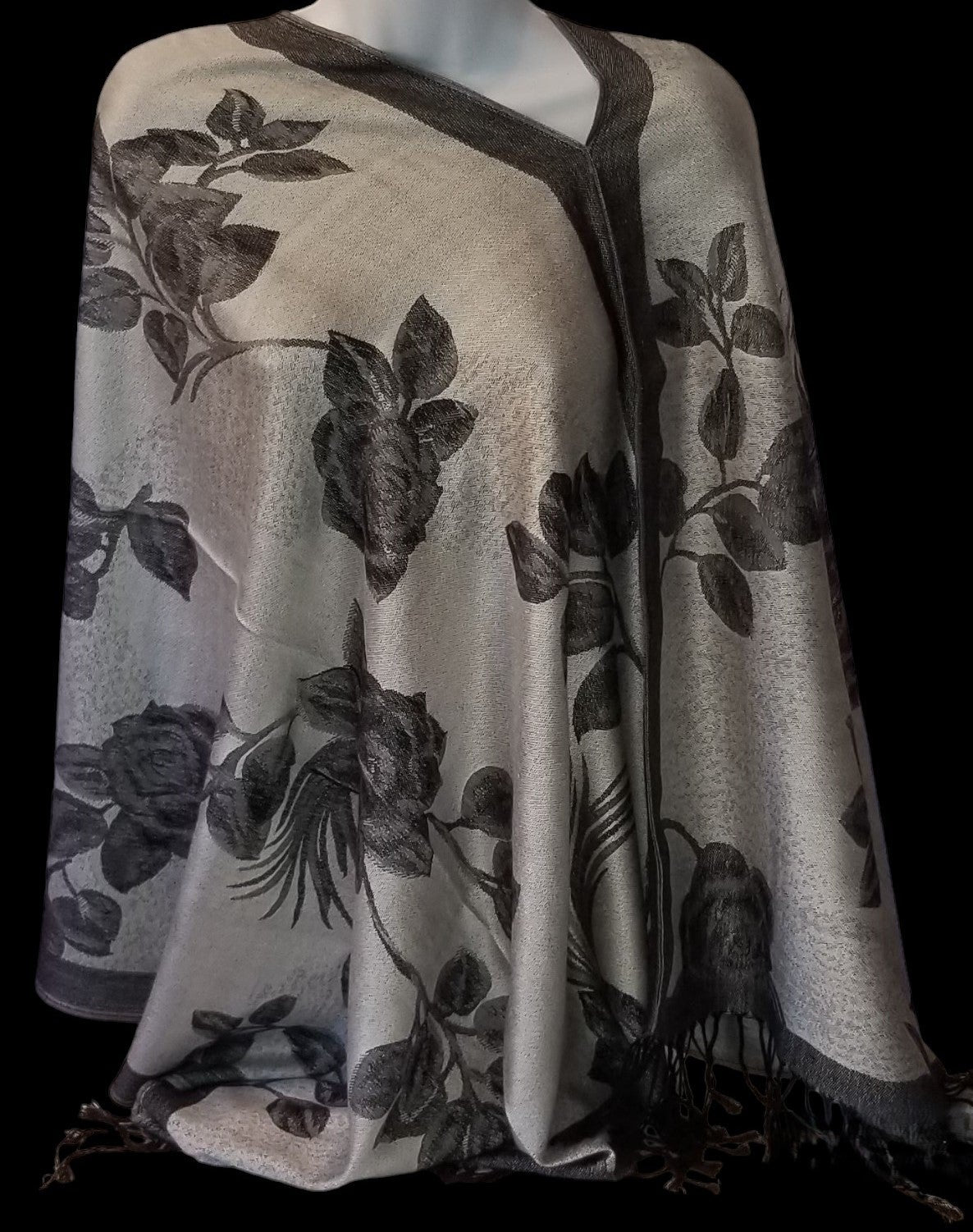 Rose Floral Poncho Scarf, handmade woven one size poncho scarf, view 5