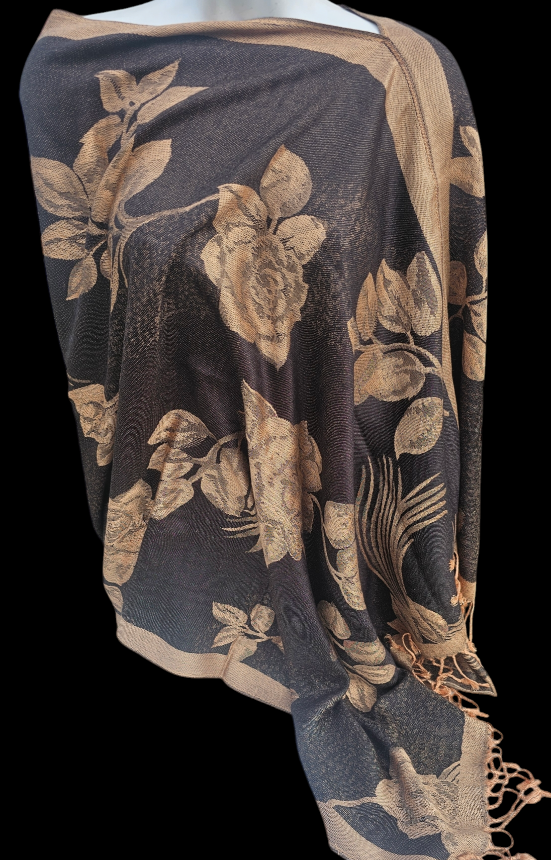 Rose Floral Poncho Scarf, handmade woven one size poncho scarf, view 4