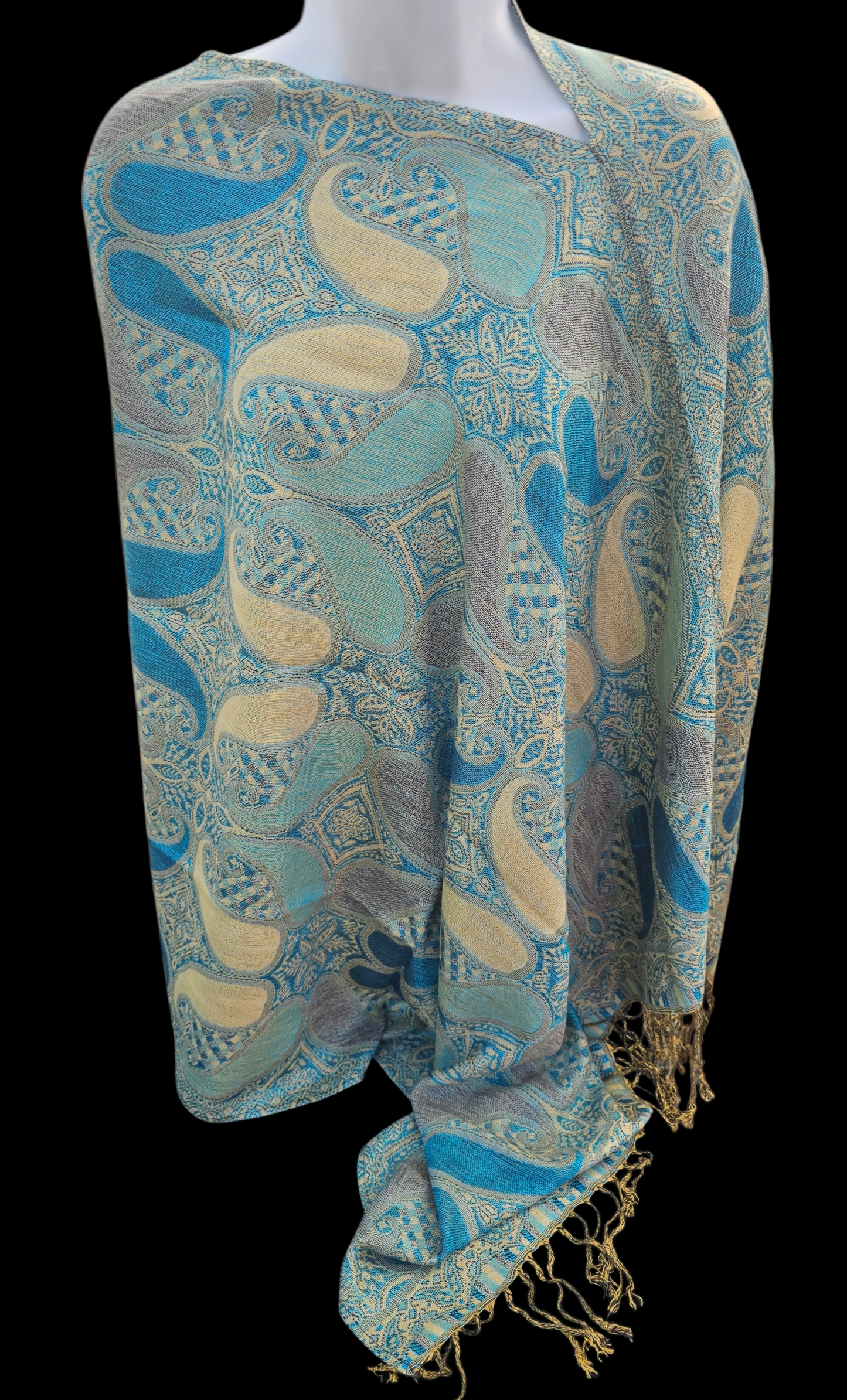 Large Paisley Poncho Scarf, handmade woven one size poncho scarf, view 7