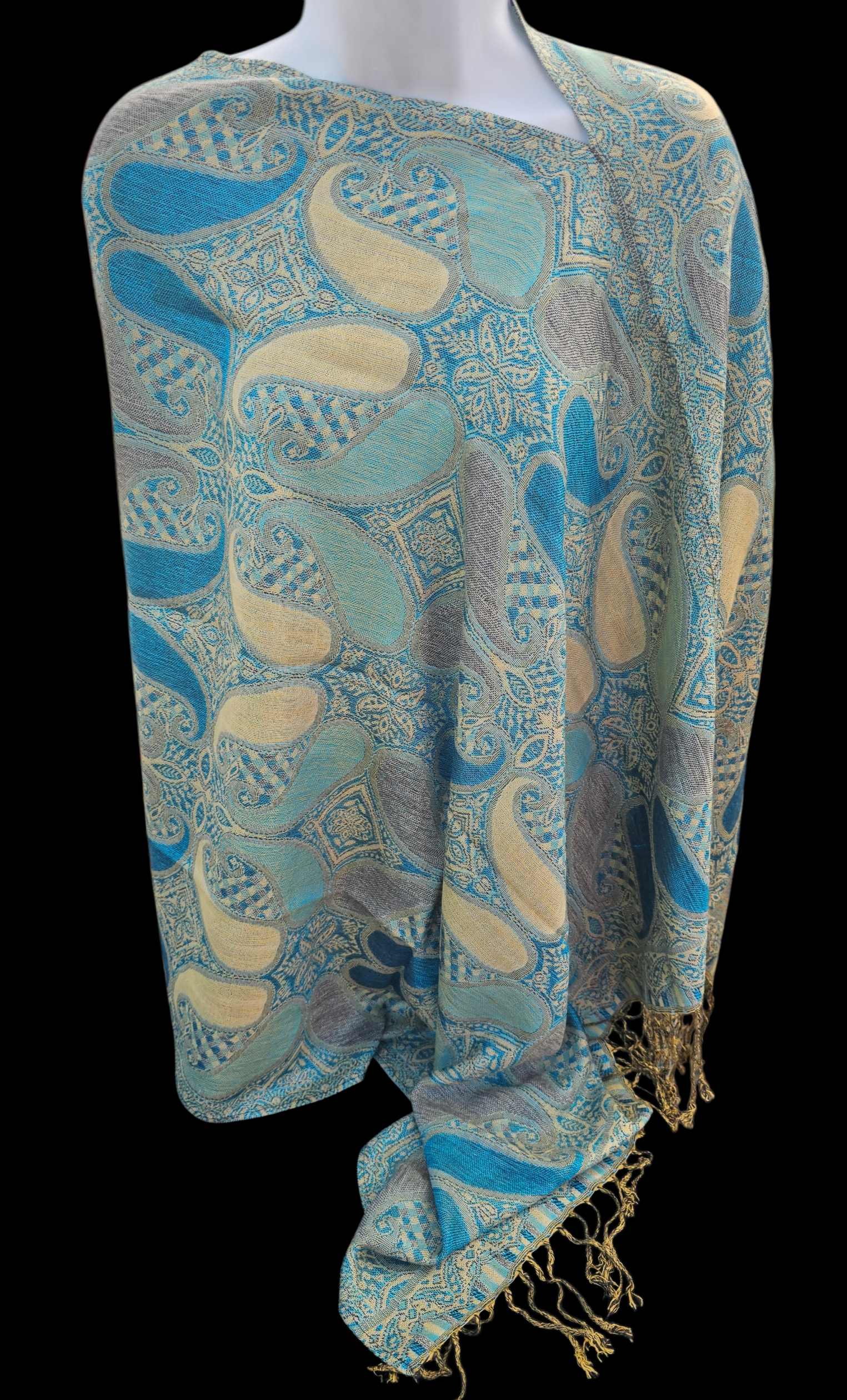 Large Paisley Poncho Scarf, handmade woven one size poncho scarf, view 7