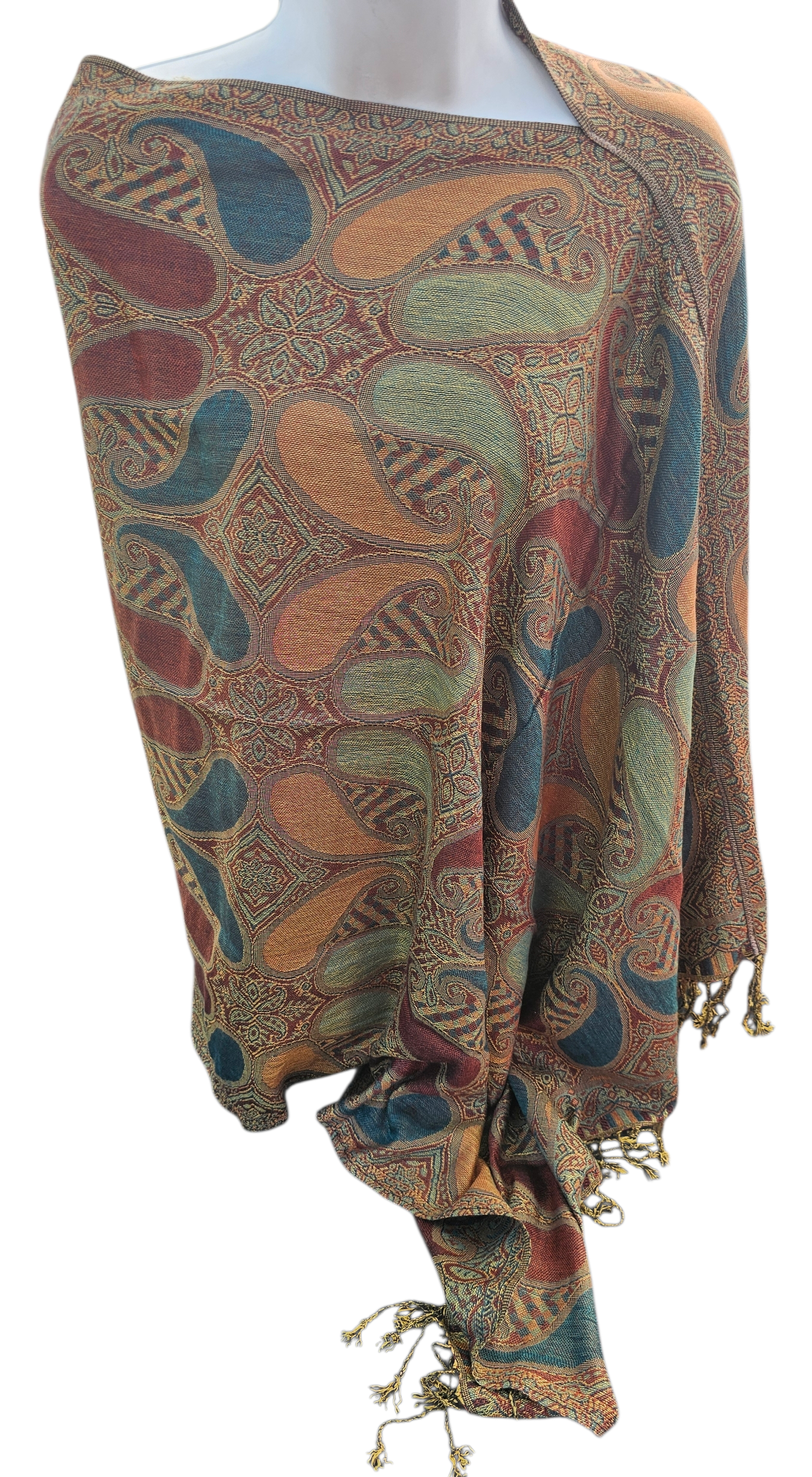 Large Paisley Poncho Scarf, handmade woven one size poncho scarf, view 5