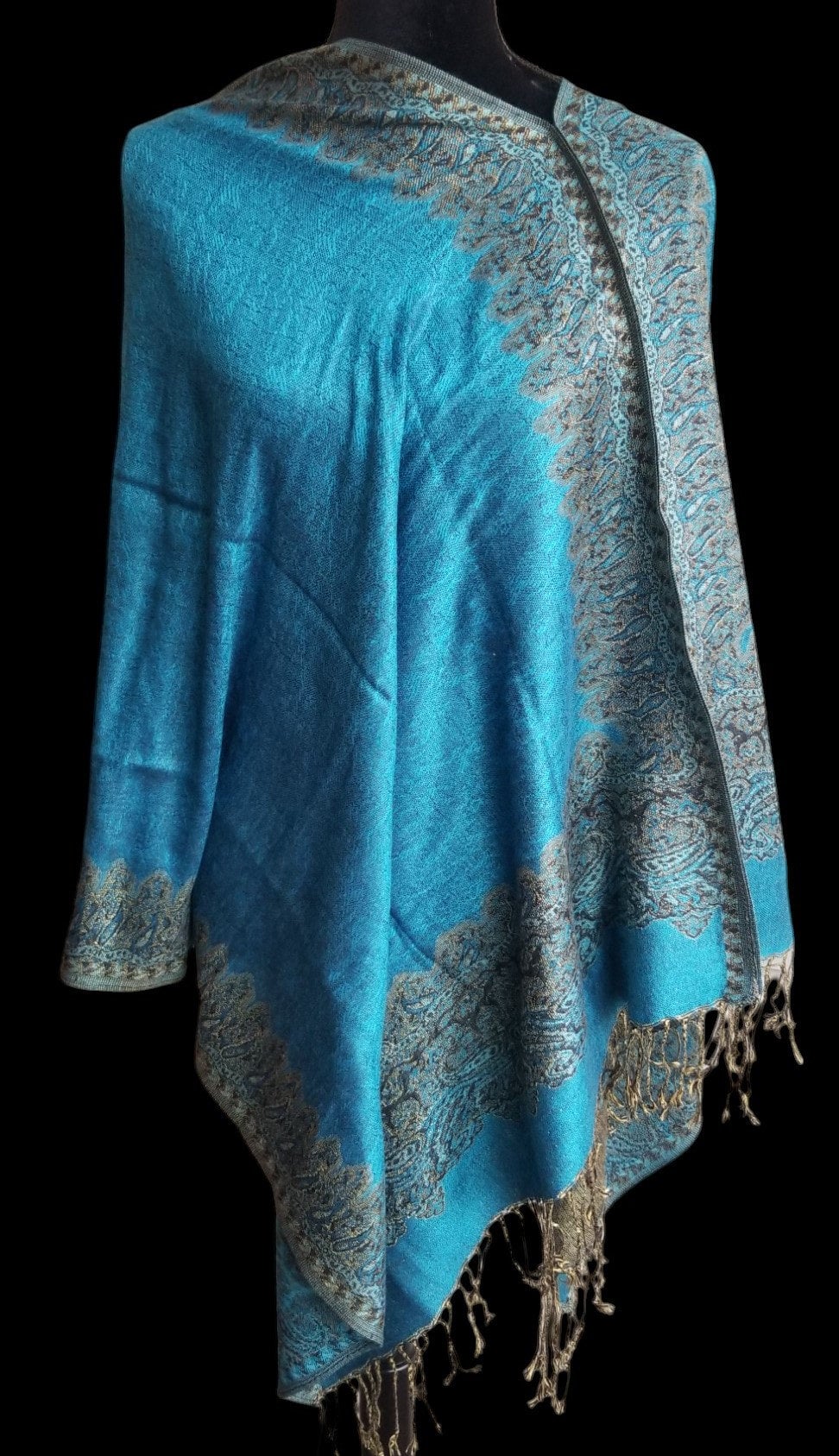 Border Pattern Poncho Scarf, handmade woven one size poncho scarf, view 3