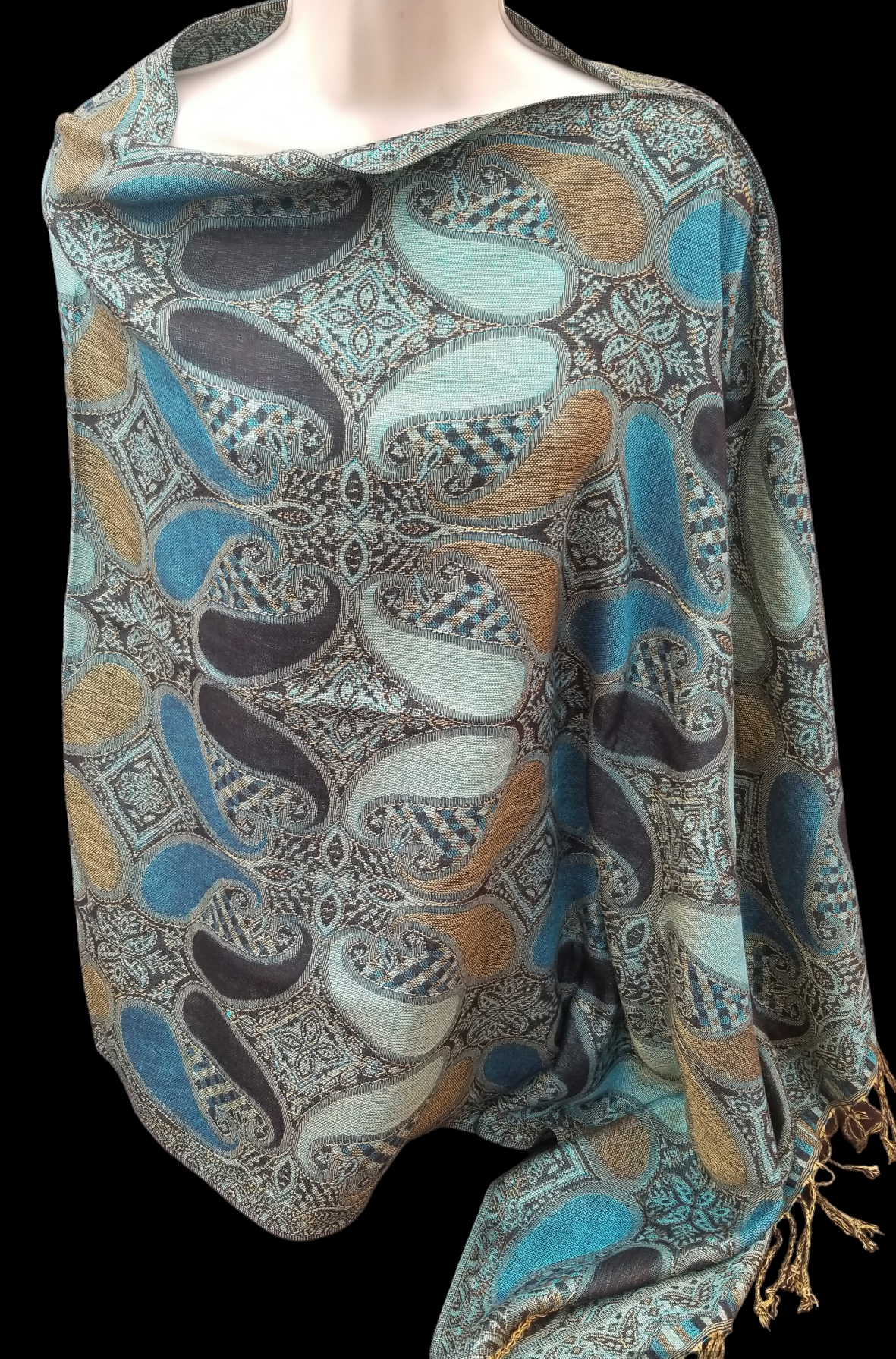 Large Paisley Poncho Scarf, handmade woven one size poncho scarf, view 2