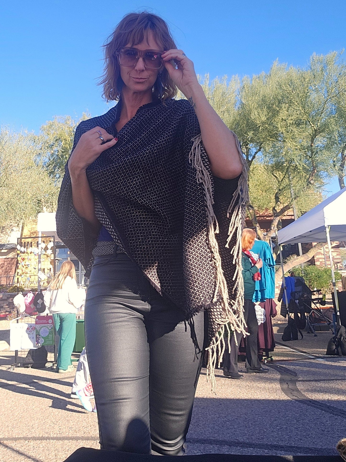 Cozy Fuzzy Poncho Scarf, handmade woven one size poncho scarf, view 1