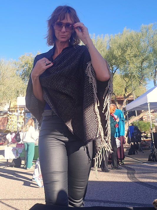 Cozy Fuzzy Poncho Scarf, handmade woven one size poncho scarf, view 1