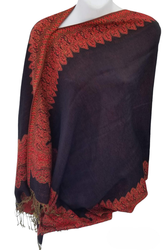 Border Pattern poncho scarf in black with a copper border, one seam, one size