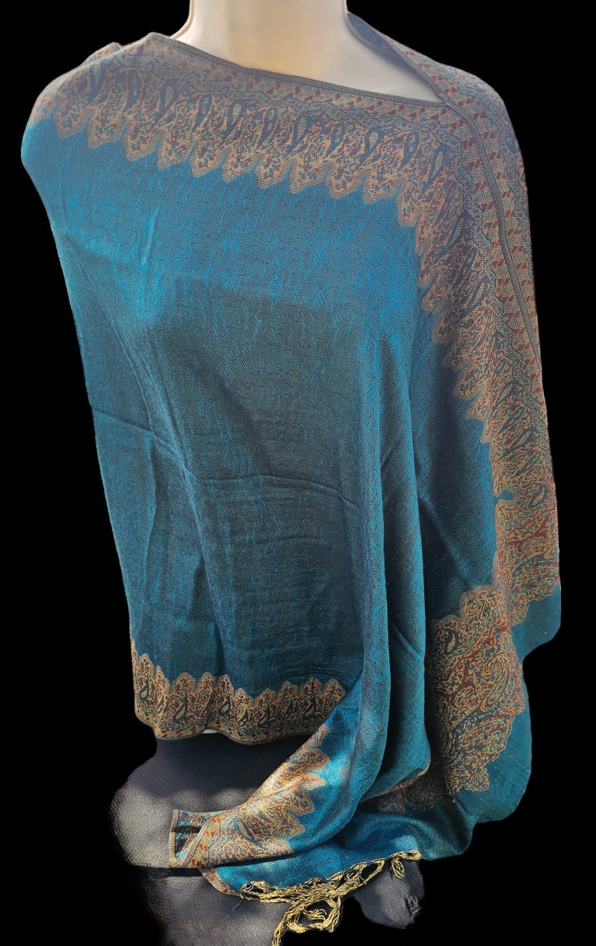 Border Pattern poncho scarf in dark teal, one seam, one size