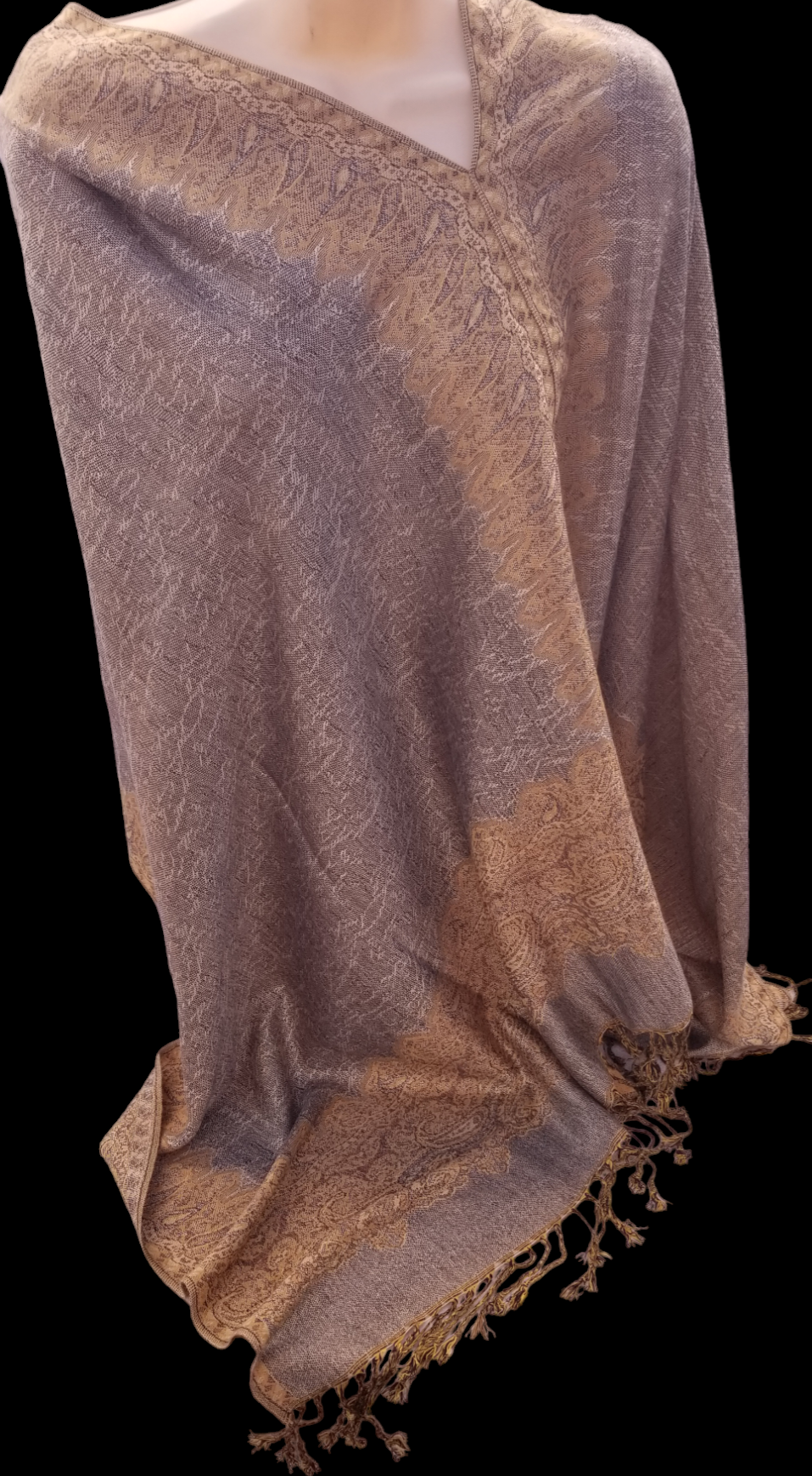 Border Pattern poncho scarf in grey with beige, one seam, one size