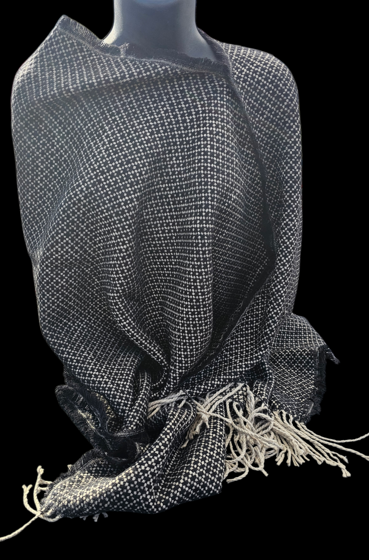 Cozy Fuzzy poncho scarf in black with beige, thick waffle weave
