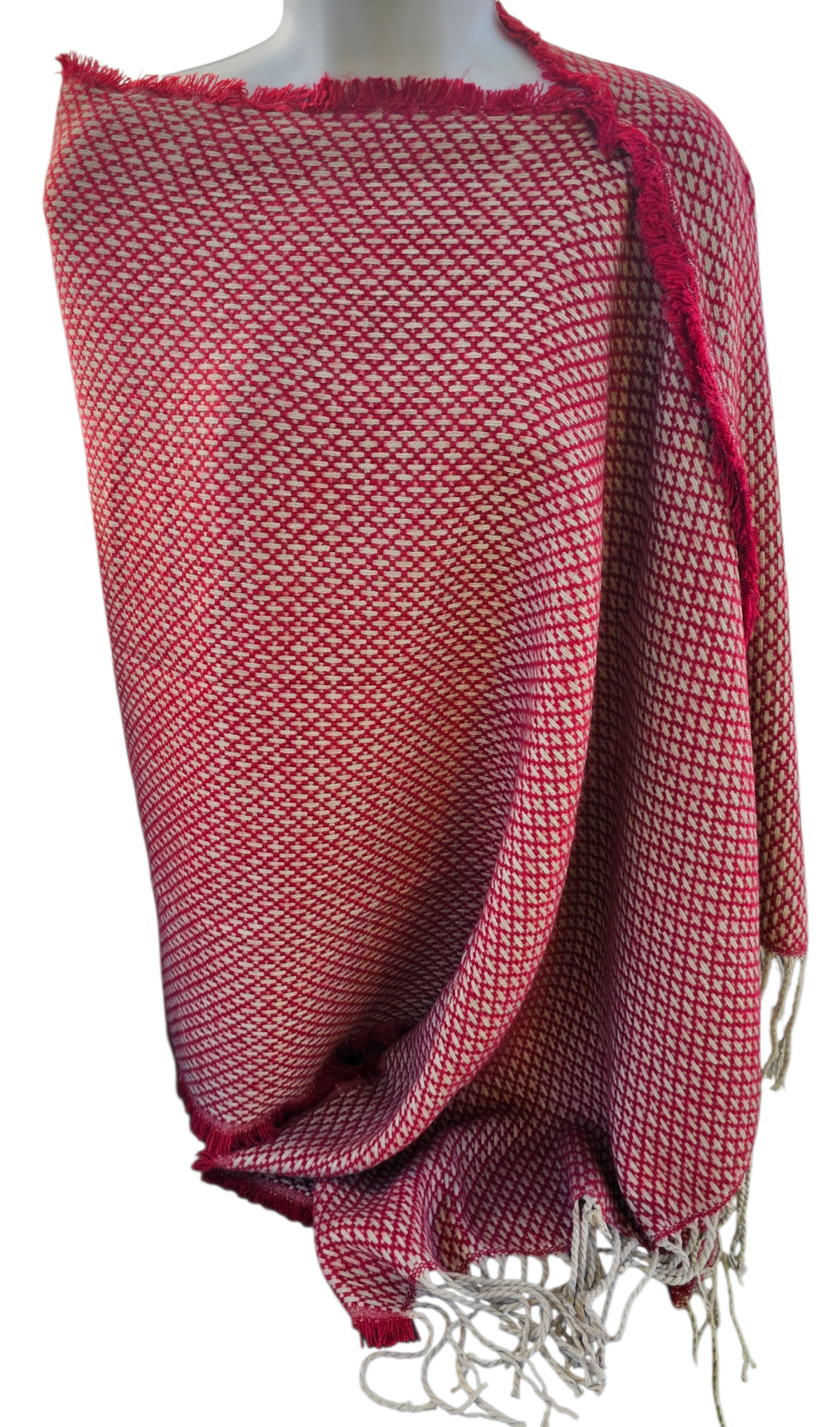 Cozy Fuzzy poncho scarf in red with beige, thick waffle weave