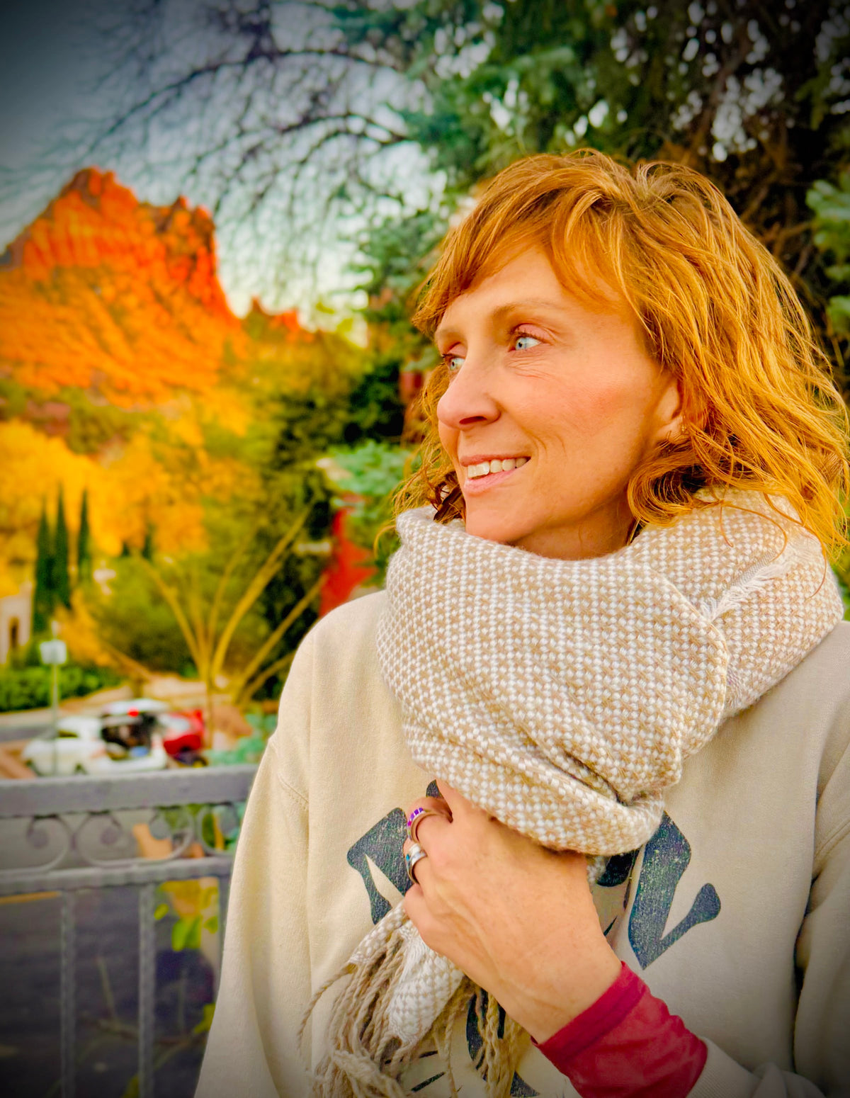 Cozy Fuzzy poncho scarf in Sedona looped at the neck as a scarf