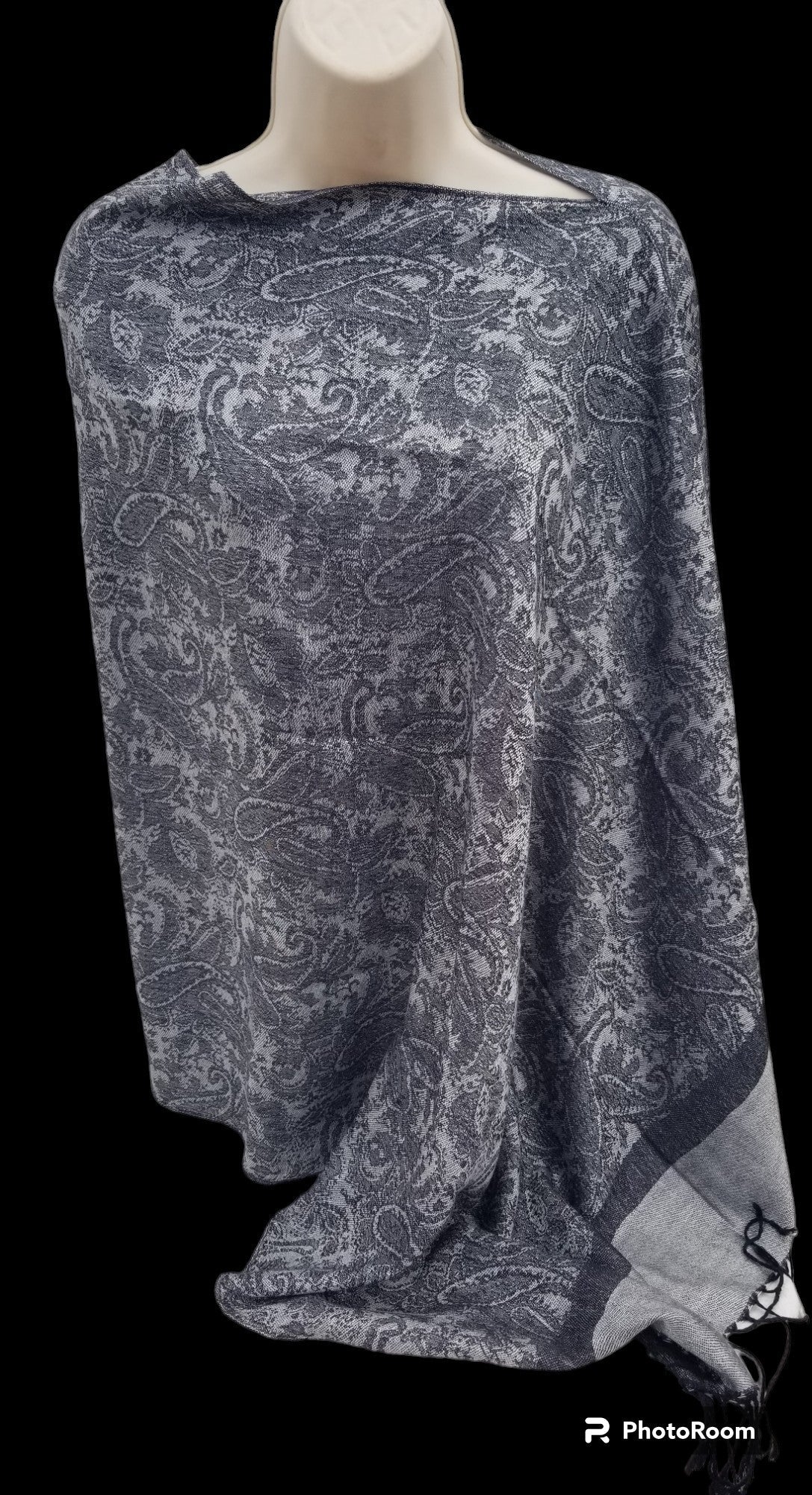 Jacquard Knit poncho scarf in light grey with dark grey, one seam, one size