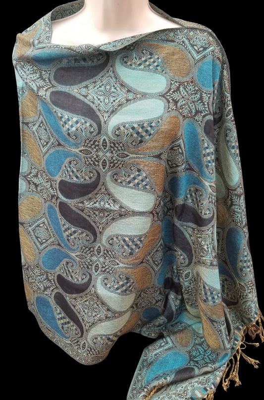 Large Paisley poncho scarf in deep turquoise with black and brown, one seam, one size