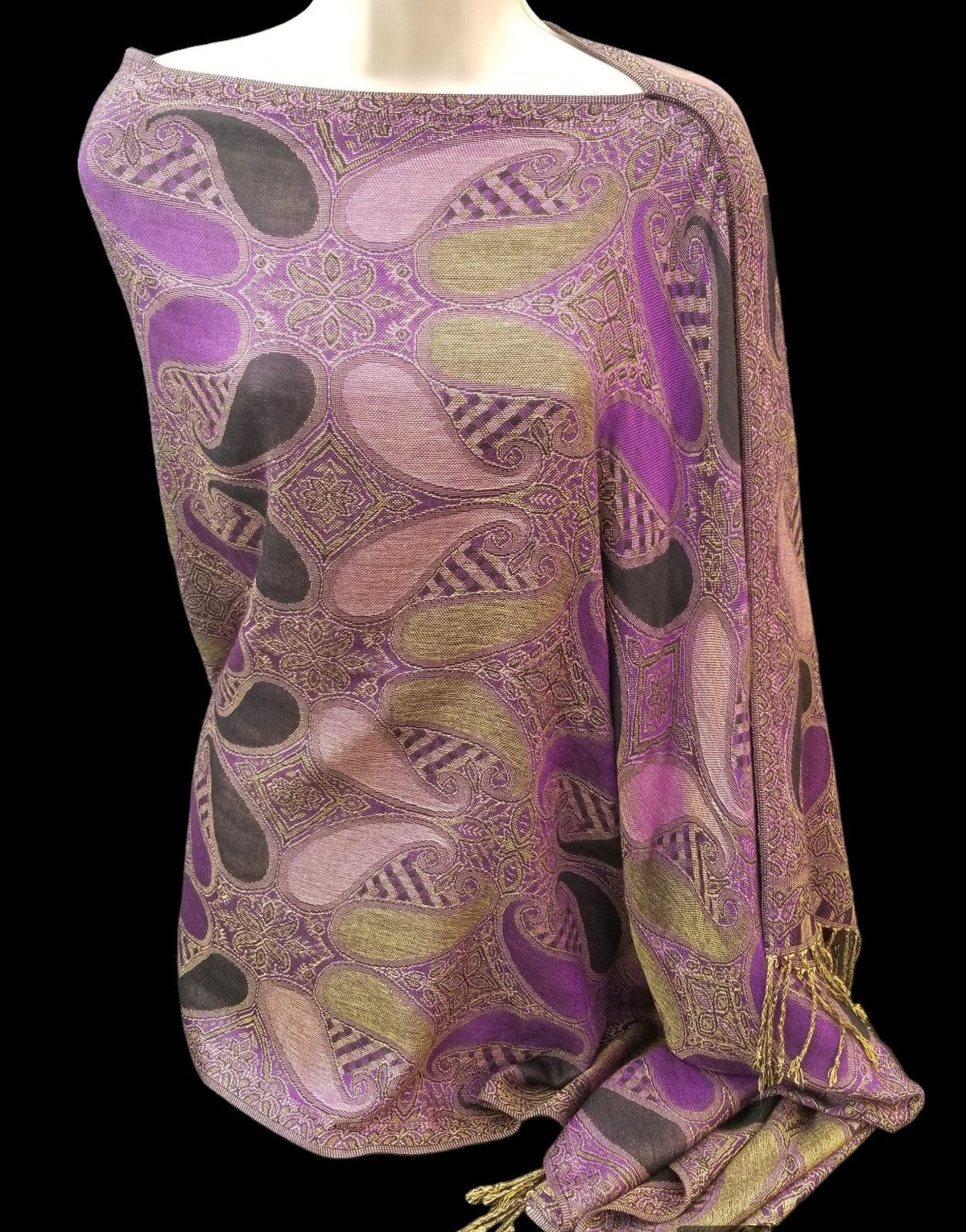 Large Paisley poncho scarf in purple with black, one seam, one size