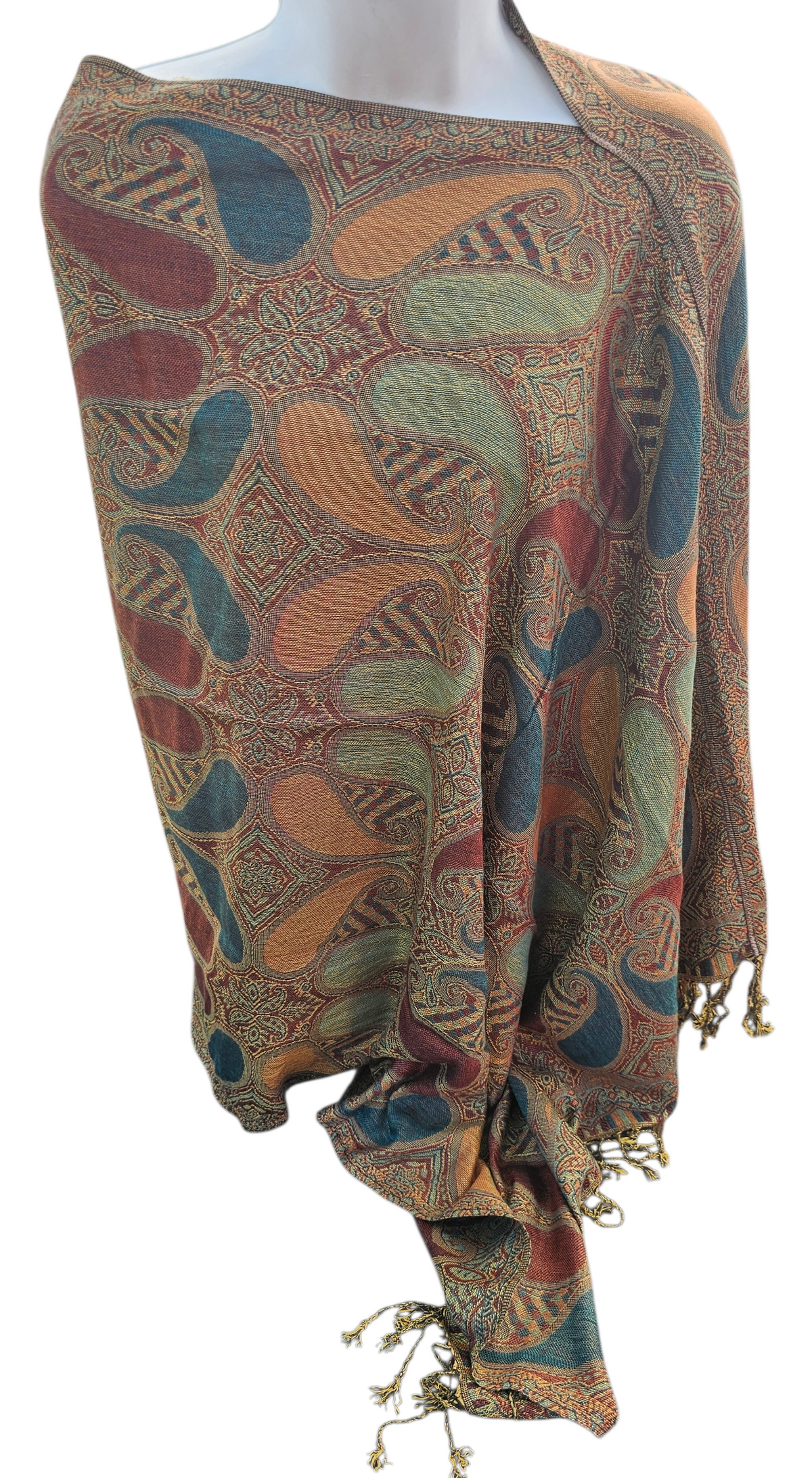 Large Paisley poncho scarf in teal and brown, one seam, one size