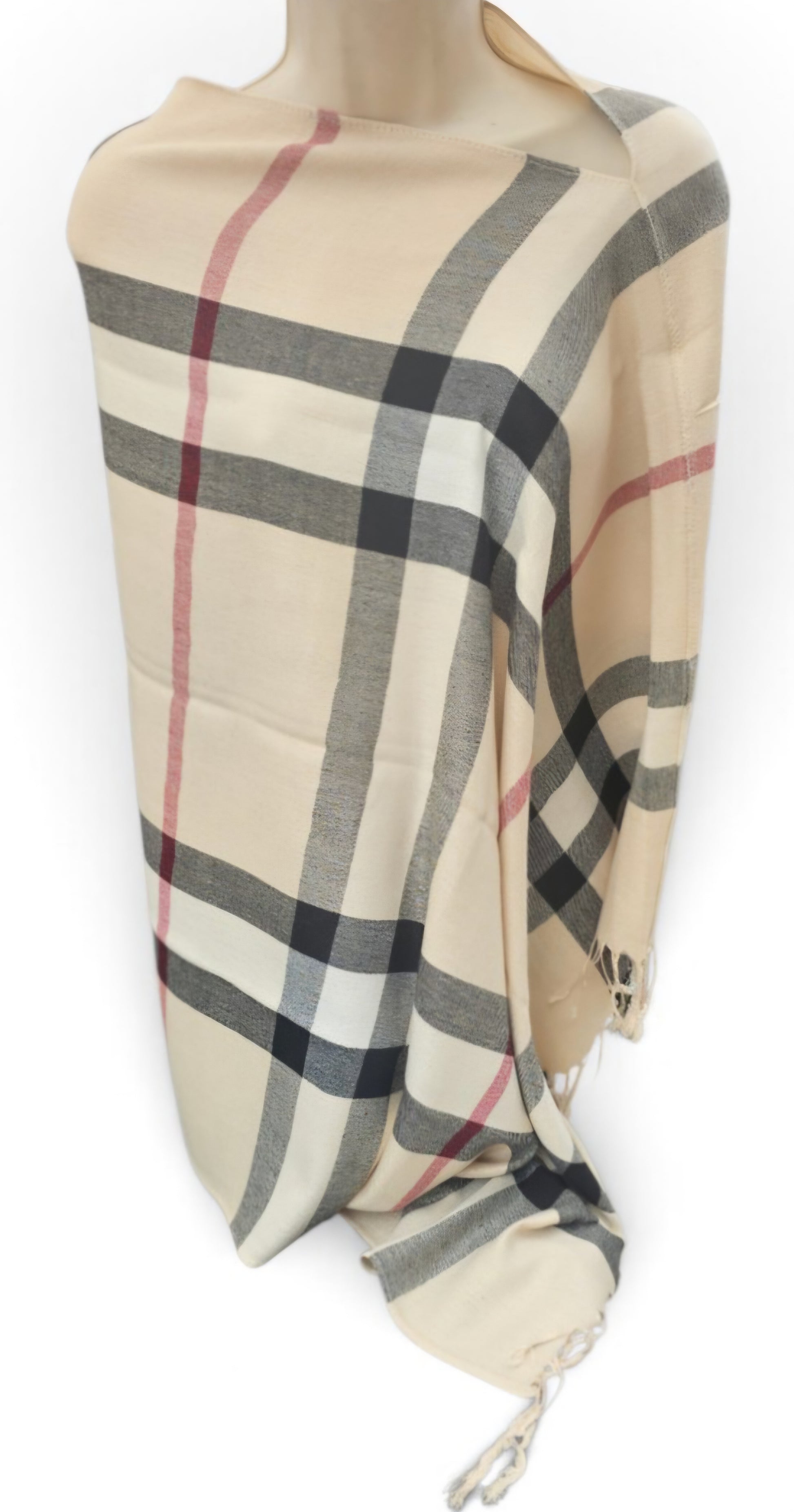 Plaid poncho scarf in beige, one seam, one size