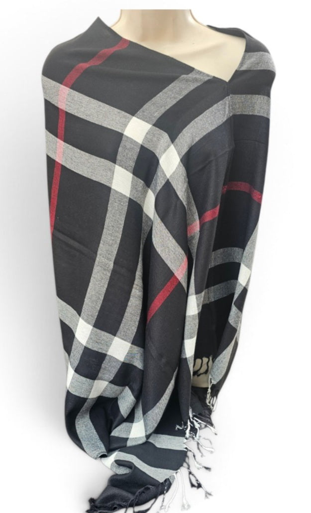 Plaid poncho scarf in black, one seam, one size
