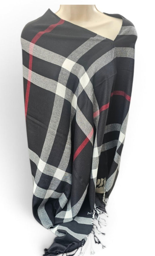 Plaid poncho scarf in black, one seam, one size