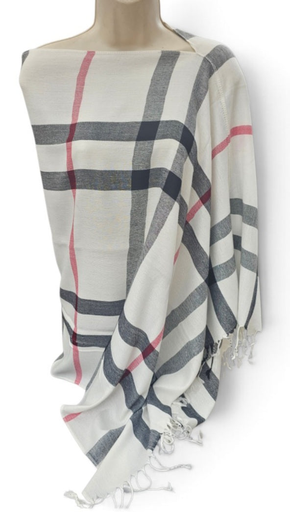 Plaid poncho scarf in white, one seam, one size