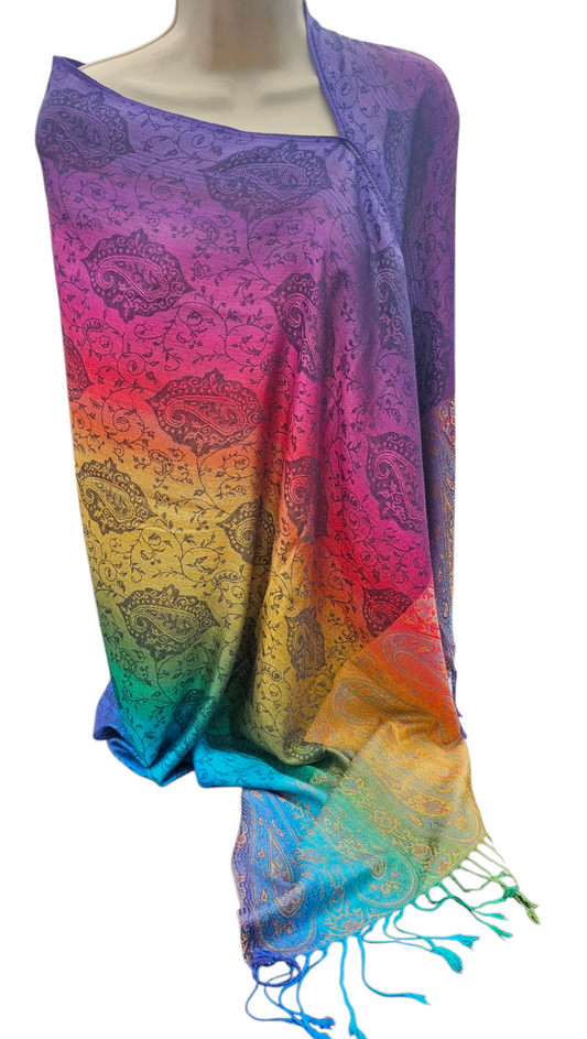 Rainbow Paisley poncho scarf, one seam, one size