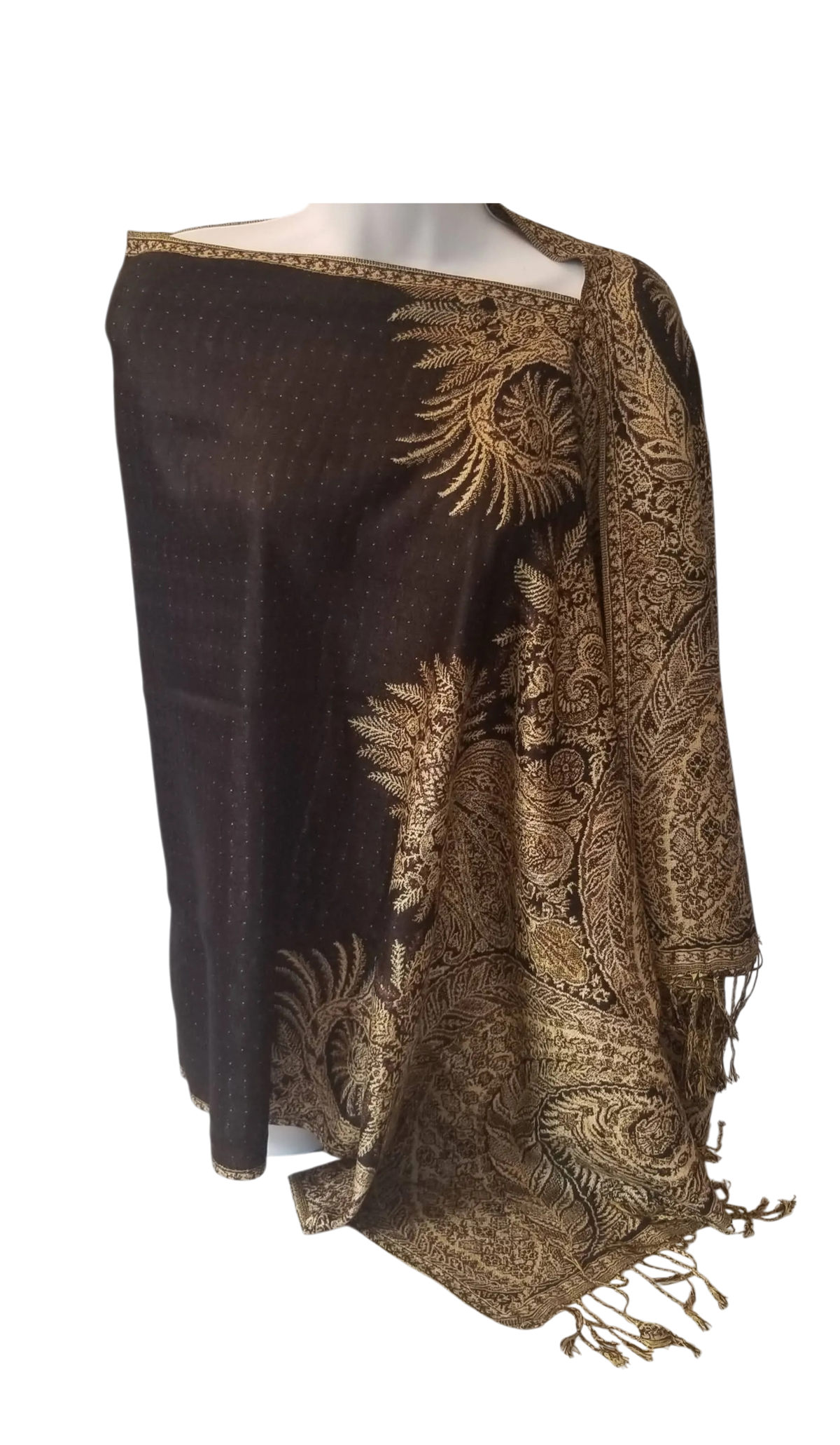 Semi Solid poncho scarf in black with brown accents, one seam, one size