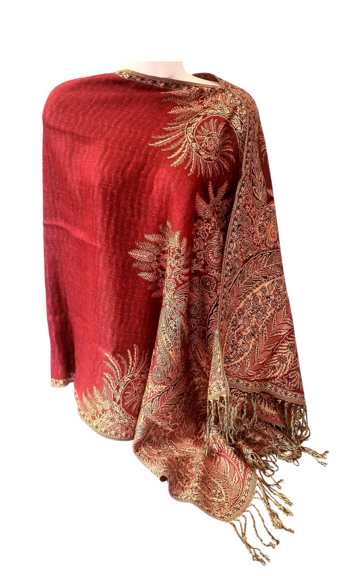 Semi Solid poncho scarf in brick red with black accents, one seam, one size