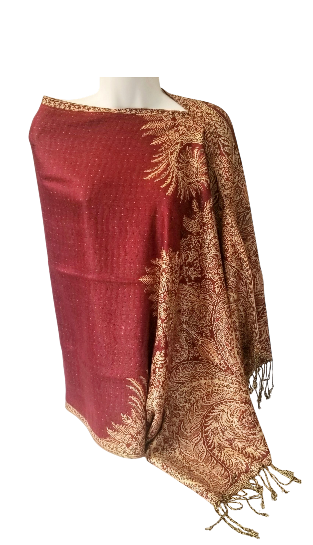 Semi Solid poncho scarf in burgundy with tan accents, one seam, one size