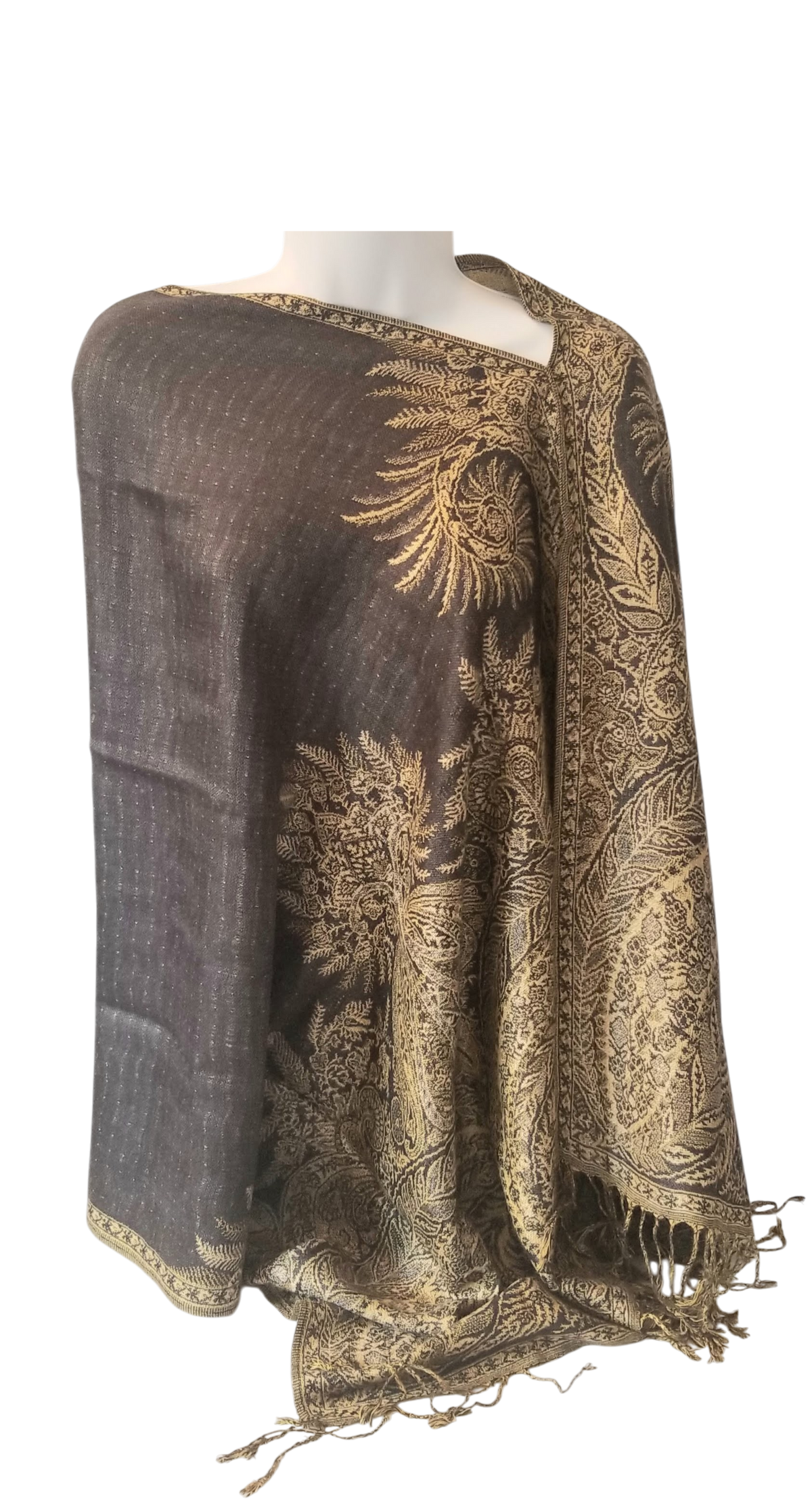 Semi Solid poncho scarf in charcoal with brown accents, one seam, one size