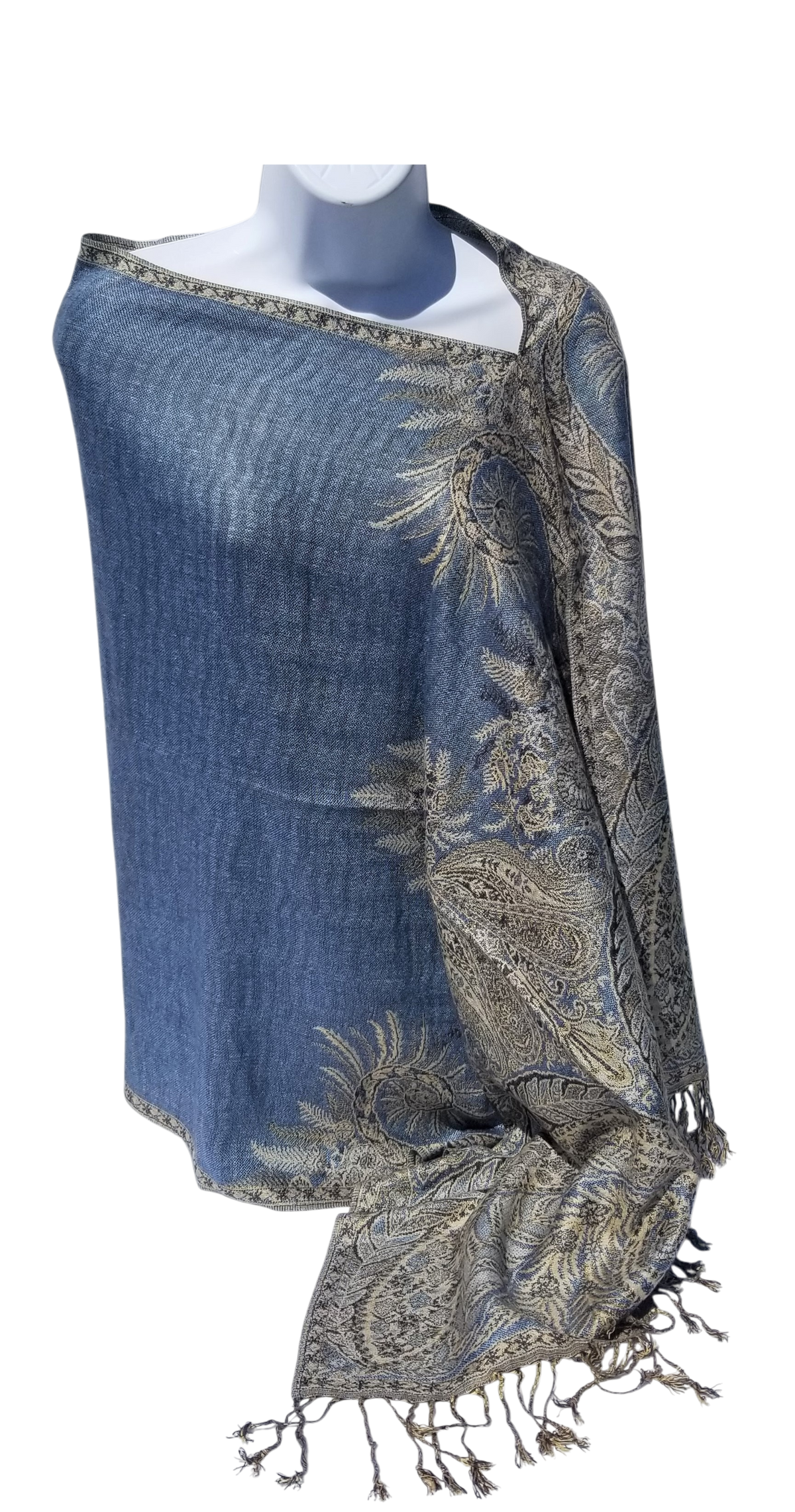 Semi Solid poncho scarf in light blue with black accents, one seam, one size