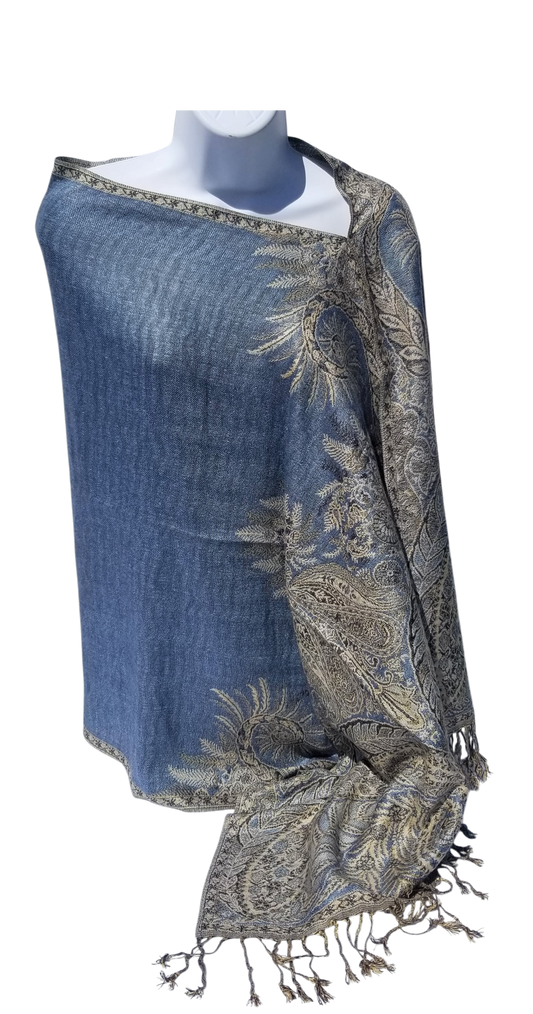 Semi Solid poncho scarf in light blue with black accents, one seam, one size