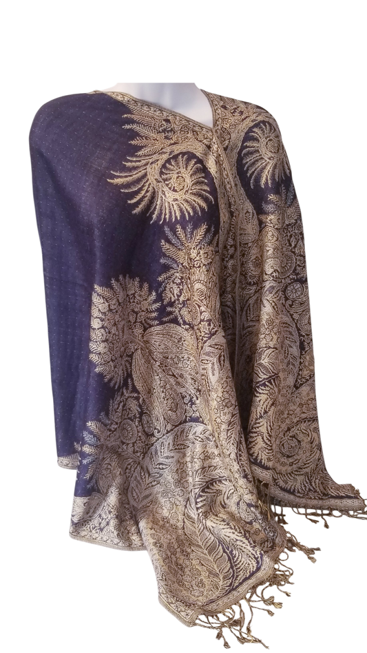 Semi Solid poncho scarf in navy blue with light blue accents, our best seller