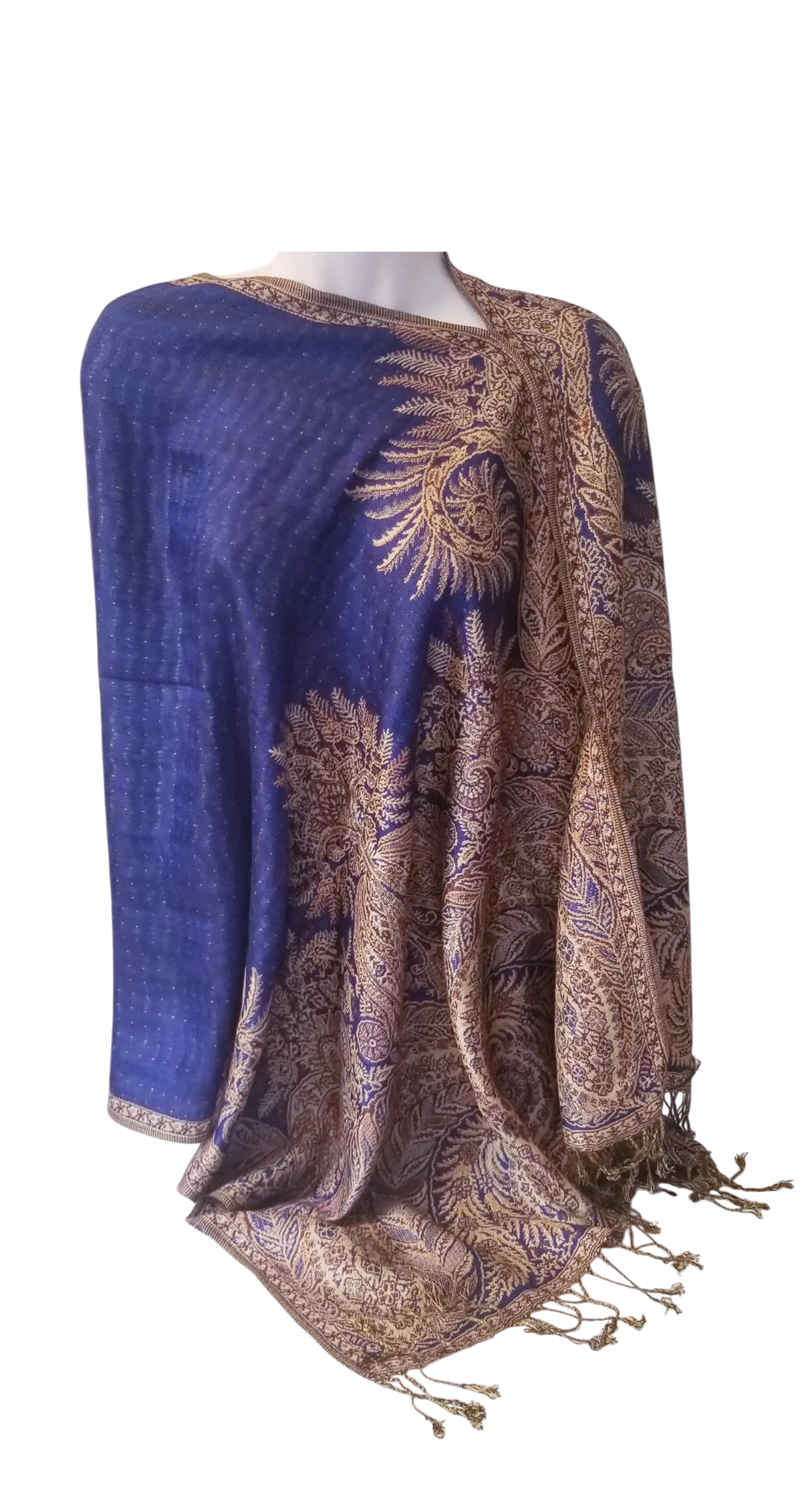 Semi Solid poncho scarf in royal blue with maroon accents, one seam, one size