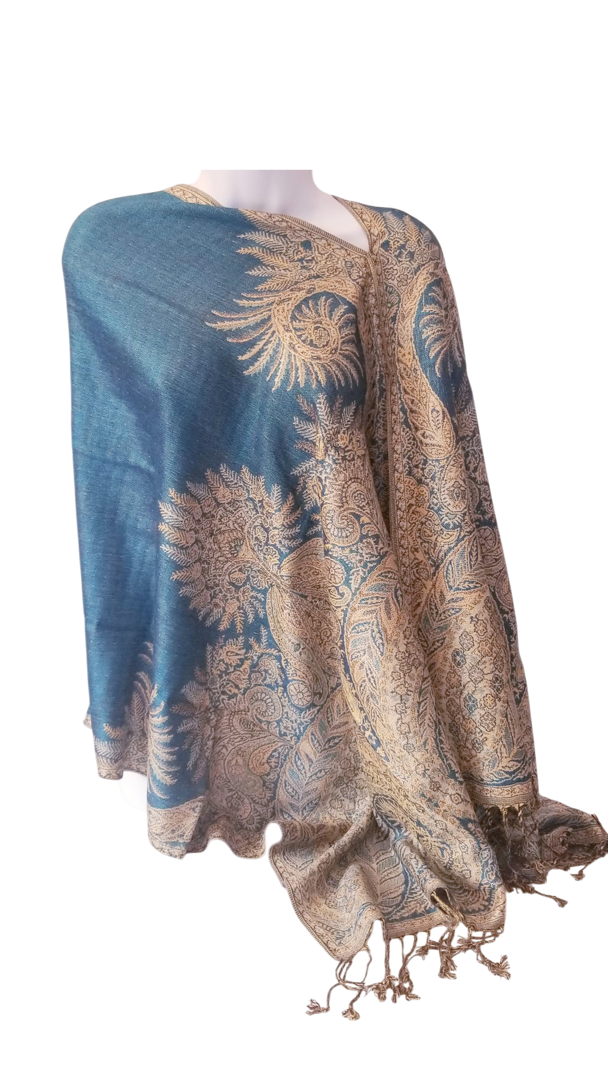 Semi Solid poncho scarf in turquoise with tan accents, one seam, one size