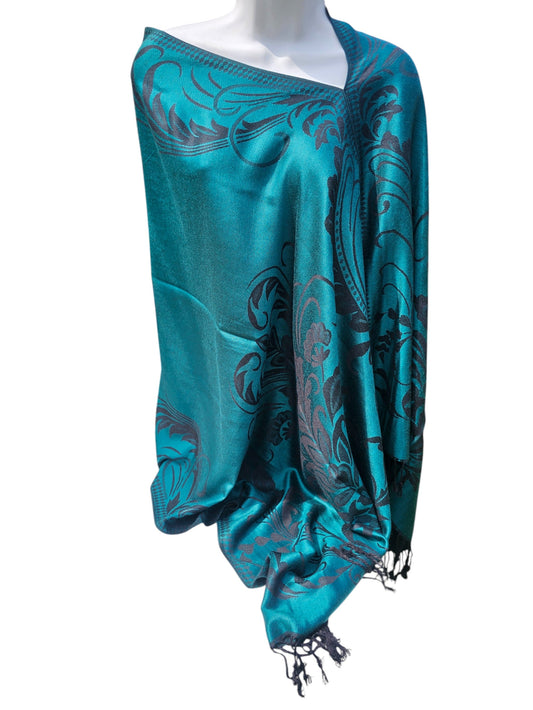 Tribal Floral poncho scarf in teal with black, one seam, one size